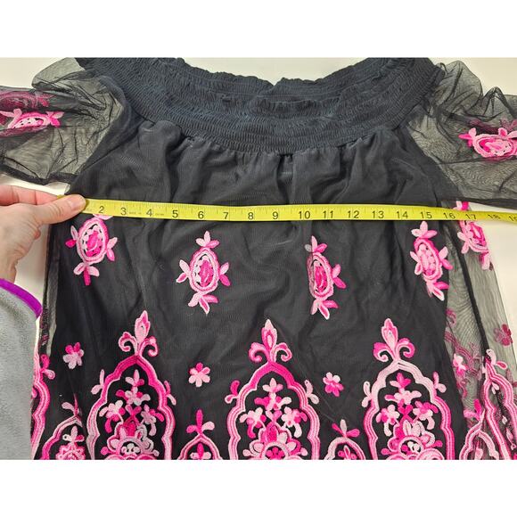 NWT INC sweet meadow off the shoulder semi sheer lined peasant S pink black top - Picture 7 of 7
